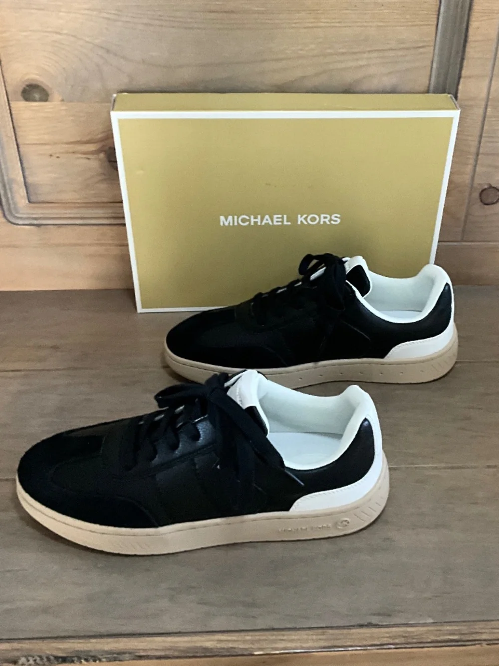 Michael Kors Kai Lace Up Sneakers Black Faux Leather NIB Women's 9.5